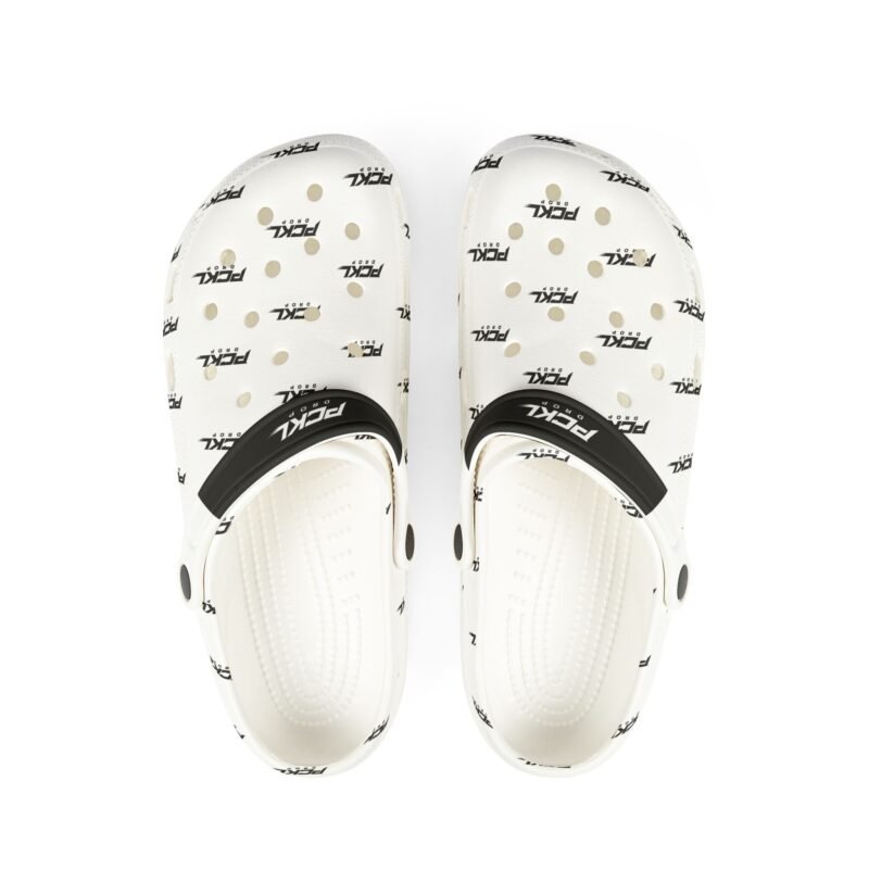 White EVA Foam Clogs with Minimal Logo Pattern — Comfortable Slip-On Shoes